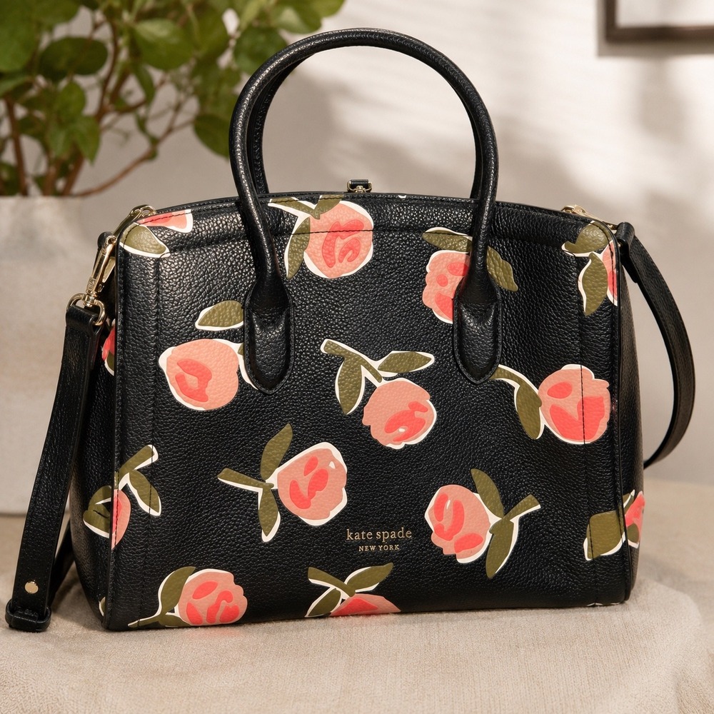 Kate Spade Knott Ditsy Rose Medium Satchel Black Leather Floral Crossbody Bag
